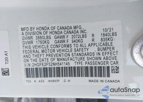 2022 Honda Civic Sport from USA, damaged, VIN 2HGFE2F52NH541145